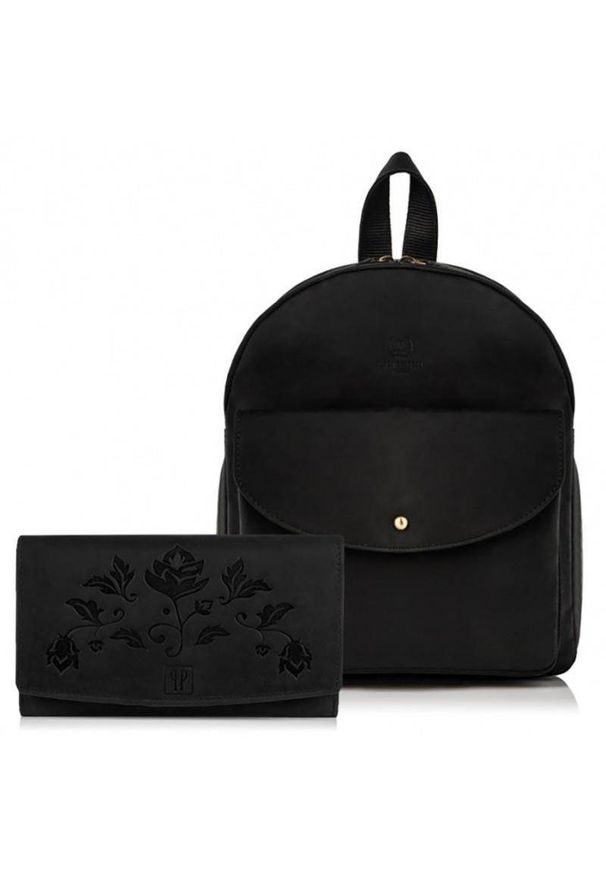 PAOLO PERUZZI - Zestaw damski czarny ZUP-24-BL plecak i portfel skórzany. Kolor: czarny. Materiał: skóra