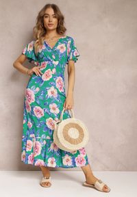 Renee - Zielona Rozkloszowana Sukienka Maxi z Gumkami w Talii i Falbankami Tayte. Typ kołnierza: kołnierz z falbankami. Kolor: zielony. Materiał: tkanina. Długość rękawa: krótki rękaw. Typ sukienki: kopertowe. Długość: maxi #3