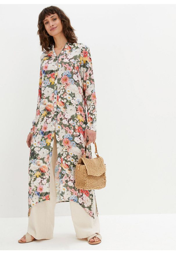 bonprix - Długa bluzka z lejącej wiskozy. Kolor: zielony. Materiał: wiskoza. Długość: długie. Wzór: nadruk, aplikacja, kwiaty. Sezon: lato