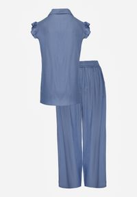 Renee - Niebieski Komplet z Wiskozą Bluzka z Kołnierzem i Spodnie Wide Leg Naunne. Kolor: niebieski. Materiał: wiskoza #3