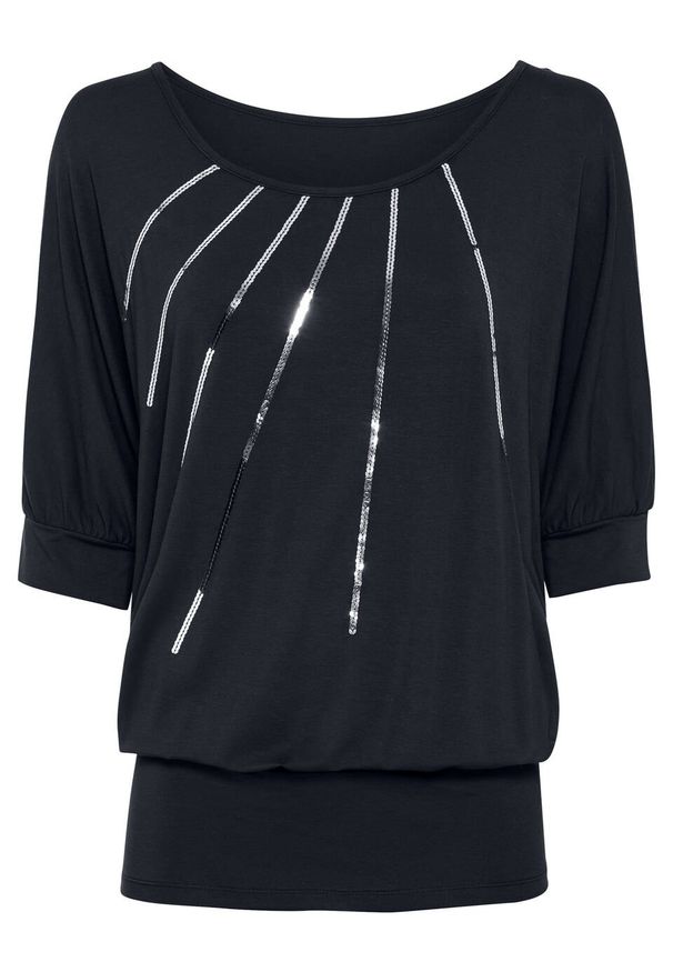 Shirt "nietoperz" bonprix czarny. Kolor: czarny. Materiał: materiał, elastan, wiskoza. Wzór: aplikacja