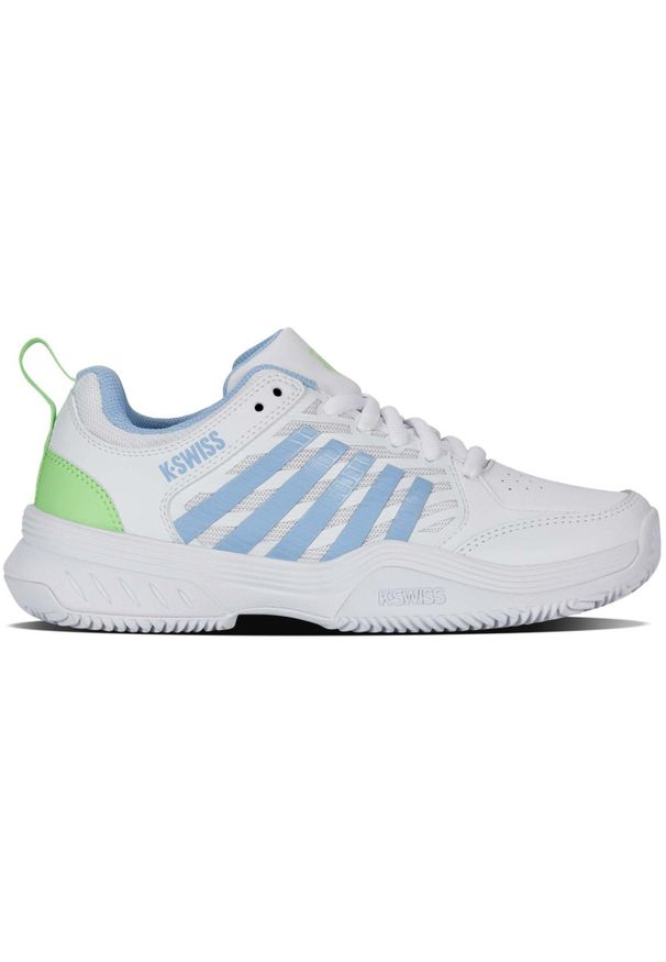 Buty do tenisa damskie K-Swiss Court Express 2. Kolor: zielony, biały, niebieski, wielokolorowy. Materiał: materiał, syntetyk. Szerokość cholewki: normalna. Sport: tenis