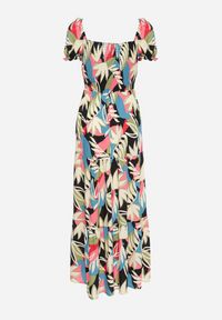 Born2be - Beżowo-Czarna Wiskozowa Sukienka w Kwiaty z Wiązaniem przy Dekolcie i Falbanką Meviera. Okazja: na co dzień, na randkę, na spacer. Kolor: czarny. Materiał: wiskoza. Wzór: kwiaty. Sezon: lato. Styl: casual #6