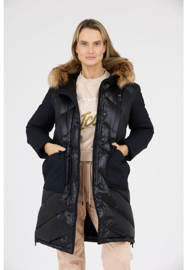 Blauer USA - BLAUER Czarna damska puchowa kurtka Gwendolyn z kapturem, Rozmiar XS. Typ kołnierza: kaptur. Kolor: czarny. Materiał: puch