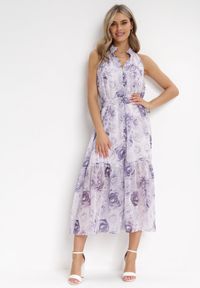 Born2be - Fioletowa Rozkloszowana Sukienka z Materiałowym Paskiem Evanagia. Kolor: fioletowy. Materiał: materiał #4