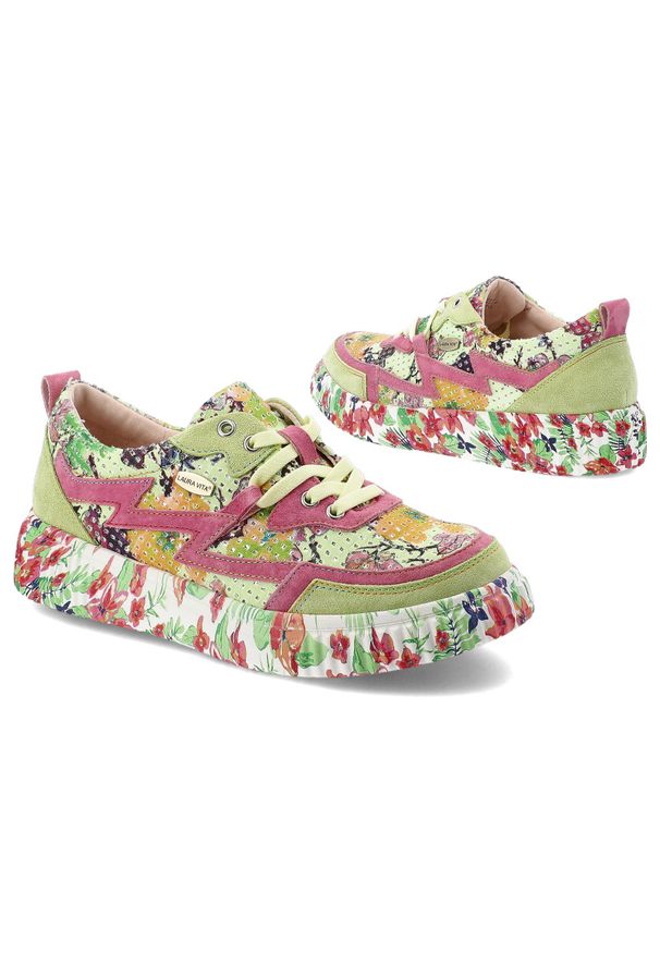 Sneakersy damskie Laura Vita, cholewka ze skóry zamszowej wzór kwiatowy sznurowane grubsza podeszwa wygodny codzienny fason, zielone, 06 SL2165-6B. Okazja: na co dzień. Zapięcie: sznurówki. Kolor: zielony. Materiał: zamsz, skóra. Szerokość cholewki: normalna. Wzór: kwiaty. Styl: casual