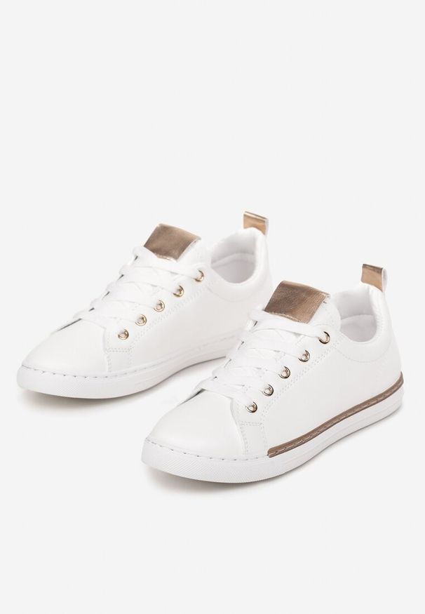 Born2be - Biało-Szampańskie Sneakersy z Imitacji Skóry Mekeli. Zapięcie: sznurówki. Kolor: biały. Materiał: skóra. Szerokość cholewki: normalna