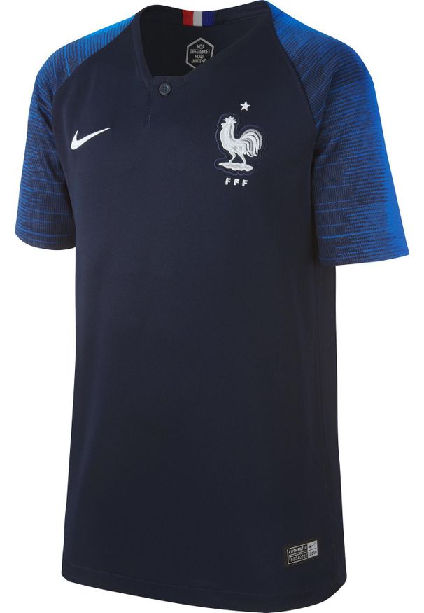Koszulka piłkarska dla dzieci Nike replika Francja 2018. Materiał: poliester. Technologia: Dri-Fit (Nike). Sport: piłka nożna
