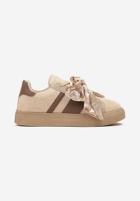 Born2be - Ciemnobeżowe Sneakersy Typu Tenisówki z Welurową Kokardą Anorisse. Okazja: na co dzień. Kolor: beżowy. Materiał: welur