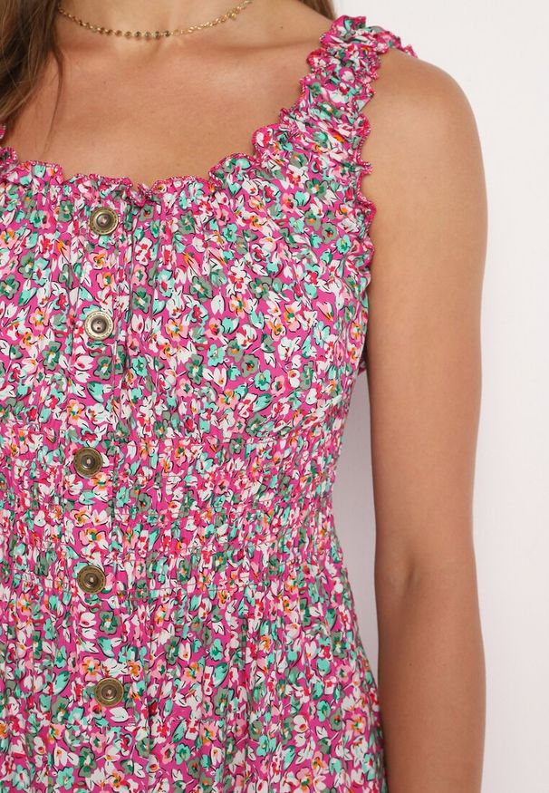 Born2be - Różowa Rozkloszowana Sukienka z Bawełny Wykończona Gumką w Talii Nelaris. Okazja: na imprezę, na randkę. Typ kołnierza: dekolt hiszpanka. Kolor: różowy. Materiał: bawełna. Długość rękawa: na ramiączkach. Styl: boho