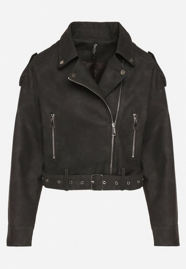 Born2be - Czarna Kurtka Ramoneska z Ozdobnym Paskiem Sesanoria. Okazja: na co dzień. Kolor: czarny. Materiał: jeans. Długość rękawa: długi rękaw. Długość: krótkie. Styl: casual, elegancki, rockowy