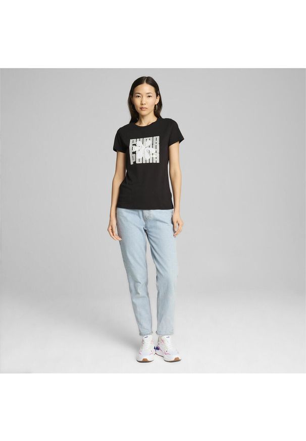 Puma - Damska koszulka GRAPHICS PUMA Black. Kolor: czarny. Materiał: bawełna. Wzór: nadruk. Sport: fitness, joga i pilates