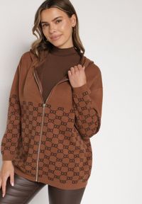 Born2be - Brązowy Kardigan na Suwak z Kapturem i Geometrycznym Motywem Lunetusa. Okazja: na co dzień. Typ kołnierza: kaptur. Kolor: brązowy. Materiał: jeans. Wzór: geometria. Styl: casual, elegancki #4