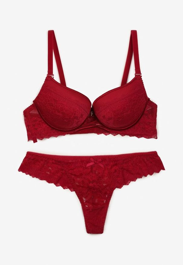 Renee - Bordowy Koronkowy Komplet Bielizny Biustonosz Usztywniony Push Up i Stringi Jasminesa. Kolor: czerwony. Materiał: koronka. Wzór: aplikacja