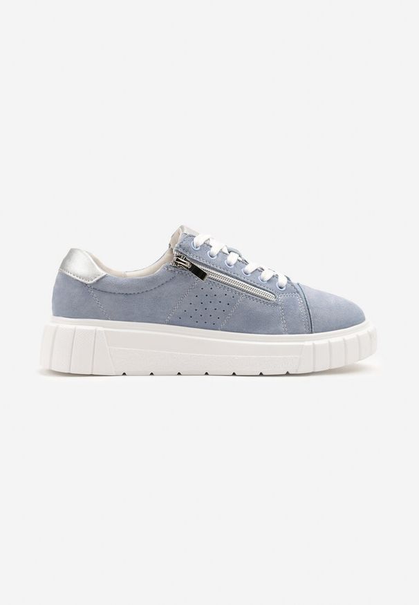 Born2be - Niebieskie Skórzane Sneakersy na Grubej Podeszwie Ozdobione Perforacją Suwakiem Tellissa. Okazja: na co dzień. Kolor: niebieski. Materiał: skóra. Wzór: aplikacja