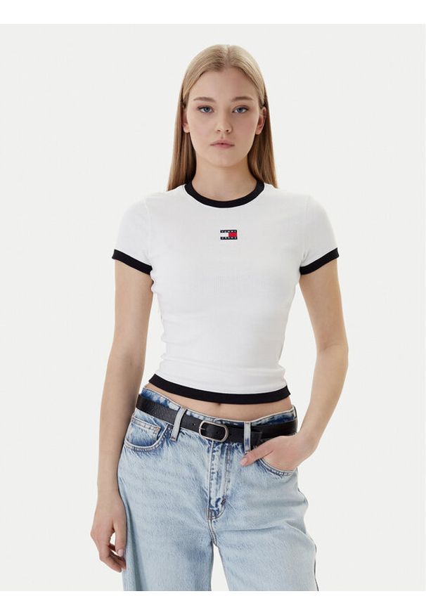 Tommy Jeans T-Shirt Badge DW0DW22575 Écru Slim Fit. Materiał: bawełna