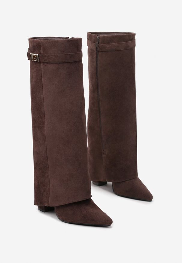 Born2be - Brązowe Kozaki na Słupku z Wywiniętą Cholewką Gafsena. Okazja: na co dzień. Kolor: brązowy. Materiał: jeans. Szerokość cholewki: normalna. Sezon: zima, jesień, wiosna. Obcas: na słupku. Styl: casual. Wysokość obcasa: średni