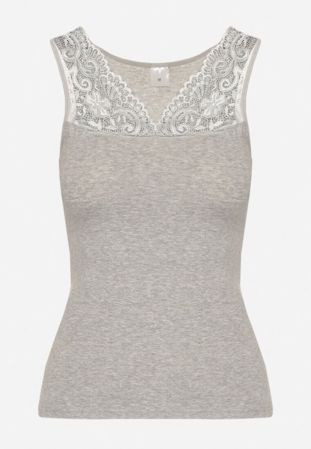Born2be - Ciemnoszary Top z Bawełny z Koronką Arionor. Okazja: na co dzień. Kolor: szary. Materiał: bawełna, koronka. Wzór: koronka. Styl: casual, klasyczny