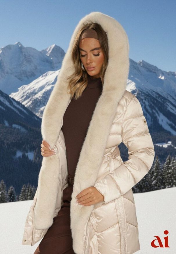 Renee - Beżowa Kurtka z Pikowanym Przeszyciami Wiązanym Paskiem i Kapturem z Futrem Fenida. Kolor: beżowy. Materiał: futro. Styl: elegancki