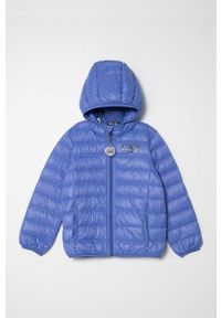 EA7 Emporio Armani kurtka puchowa dziecięca kolor niebieski. Okazja: na co dzień. Typ kołnierza: kaptur. Kolor: niebieski. Materiał: puch. Styl: casual
