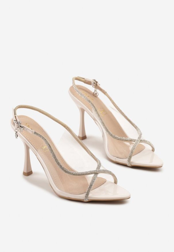 Renee - Beżowe Sandały Vices na Szpilce z Cyrkoniowymi Paskami Ovilira. Zapięcie: pasek. Kolor: beżowy. Wzór: paski. Obcas: na szpilce. Styl: glamour, elegancki