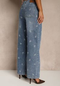 Renee - Niebieskie Jeansy Wide Leg High Waist z Haftem w Kształcie Kokardek Salimessa. Okazja: na imprezę, na co dzień. Stan: podwyższony. Kolor: niebieski. Wzór: haft. Styl: casual #3