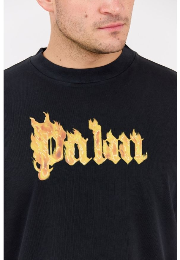 PALM ANGELS Czarny męski t-shirt Burning Logo Tee, Rozmiar L. Kolor: czarny. Materiał: bawełna. Długość rękawa: krótki rękaw. Długość: krótkie