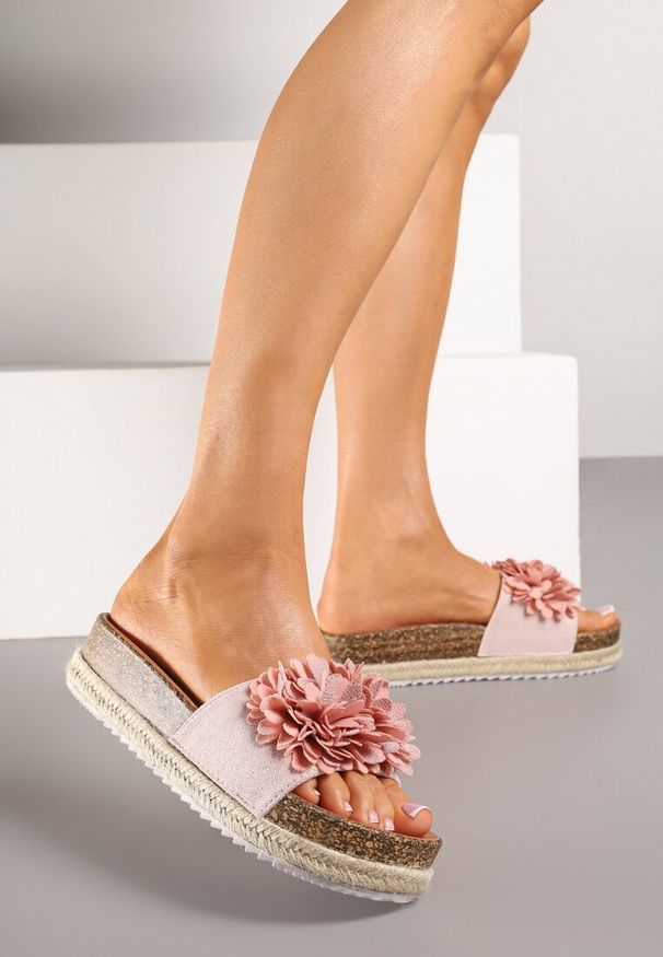 Renee - Różowe Klapki Zdobione Kwiatową Aplikacją Felinelia. Okazja: na co dzień, na plażę. Nosek buta: otwarty. Kolor: różowy. Wzór: aplikacja, kwiaty. Materiał: materiał. Sezon: lato. Obcas: na obcasie. Styl: klasyczny, casual, elegancki. Wysokość obcasa: niski