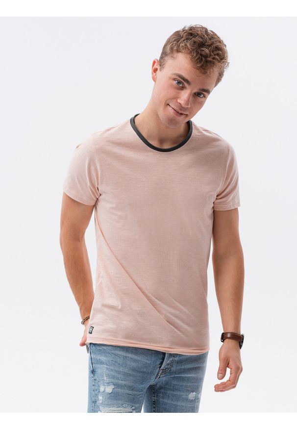 Ombre Clothing - T-shirt męski bawełniany S1385 - brzoskwiniowy - XXL. Kolor: pomarańczowy. Materiał: bawełna. Styl: klasyczny