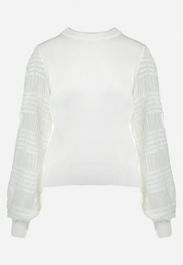 Born2be - Biała Bluzka z Bufiastymi Transparentnymi Rękawami Flimona. Okazja: na co dzień. Kolor: biały. Materiał: jeans, prążkowany, dzianina. Styl: casual, elegancki