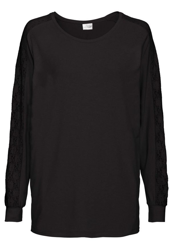 Shirt "nietoperz" z koronkowymi wstawkami bonprix czarny. Kolor: czarny. Materiał: poliester, elastan, wiskoza, materiał, koronka