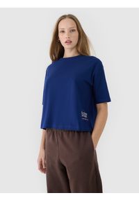 4f - 4F T-shirt oversize z nadrukiem damski - granatowy XL. Okazja: na co dzień. Kolor: niebieski. Materiał: dzianina, bawełna, jersey. Długość rękawa: krótki rękaw. Długość: krótkie. Wzór: nadruk. Styl: klasyczny, sportowy, casual