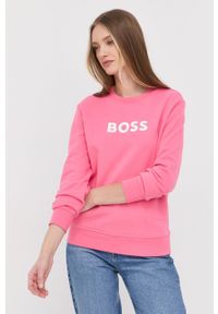 BOSS bluza bawełniana damska kolor różowy z nadrukiem. Kolor: różowy. Materiał: bawełna. Długość rękawa: długi rękaw. Długość: długie. Wzór: nadruk