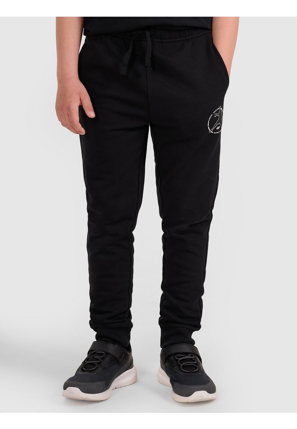 4f - 4F Spodnie dresowe joggery chłopięce - czarne 140 (9-10 lat). Okazja: na co dzień. Kolor: czarny. Materiał: dresówka. Wzór: ze splotem, nadruk, gładki. Sezon: lato. Styl: młodzieżowy, casual, sportowy