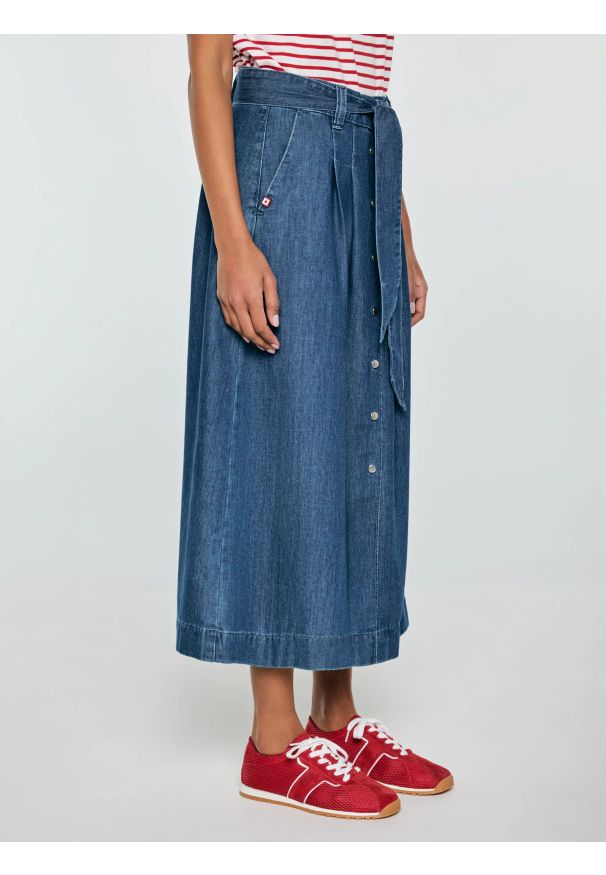 Big-Star - Spódnica damska midi jeansowa rozkloszowana granatowa Bria 544. Kolor: niebieski. Materiał: jeans. Styl: elegancki