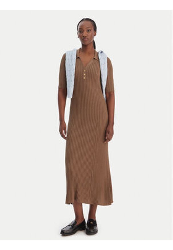 TOMMY HILFIGER - Tommy Hilfiger Sukienka dzianinowa WW0WW48447 Brązowy Slim Fit. Kolor: brązowy. Materiał: bawełna