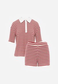 Born2be - Beżowo-Czerwony Dzianinowy Komplet Oversize w Paski Koszulka Polo i Szorty Tesanore. Kolor: beżowy. Materiał: dzianina. Wzór: paski #4