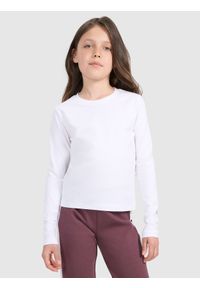 4f - 4F Longsleeve slim gładki dziewczęcy - biały 122 (6-7 lat). Okazja: na co dzień. Kolor: biały. Materiał: jersey, materiał, elastan, bawełna. Długość rękawa: długi rękaw. Długość: długie. Wzór: gładki. Sezon: lato. Styl: sportowy, klasyczny, casual