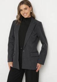 Born2be - Szara Pudełkowa Marynarka Jednorzędowa z Usztywnioną Linią Ramion Foella. Okazja: na co dzień. Kolor: szary. Materiał: jeans. Styl: klasyczny, casual, elegancki