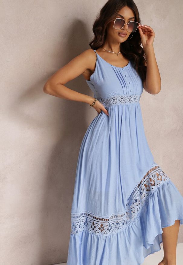 Renee - Niebieska Rozkloszowana Sukienka Maxi z Falbanką i Koronką Luluma. Kolor: niebieski. Materiał: koronka. Długość rękawa: na ramiączkach. Wzór: koronka. Sezon: lato. Długość: maxi