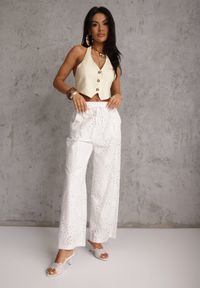 Renee - Białe Ażurowe Spodnie Wide Leg z Bawełny w Rustykalnym Stylu z Haftem Elladith. Okazja: na co dzień. Kolor: biały. Materiał: bawełna. Wzór: ażurowy, haft. Styl: casual, boho #5