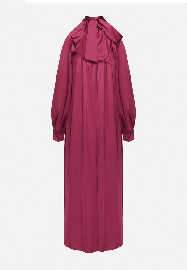 Born2be - Fioletowa Sukienka z Satyny Ozdobiona Wiązaniem Solreti. Kolor: fioletowy. Materiał: satyna. Wzór: aplikacja. Typ sukienki: proste. Styl: elegancki