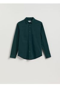 Reserved - Gładka koszula slim fit - ciemnozielony. Kolor: zielony. Materiał: dzianina, bawełna. Wzór: gładki #1