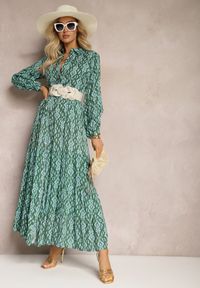 Renee - Zielona Sukienka Koszulowa w Ornamentalny Wzór Gongi. Okazja: na co dzień. Kolor: zielony. Materiał: wiskoza. Długość rękawa: długi rękaw. Typ sukienki: koszulowe. Styl: klasyczny, elegancki, casual