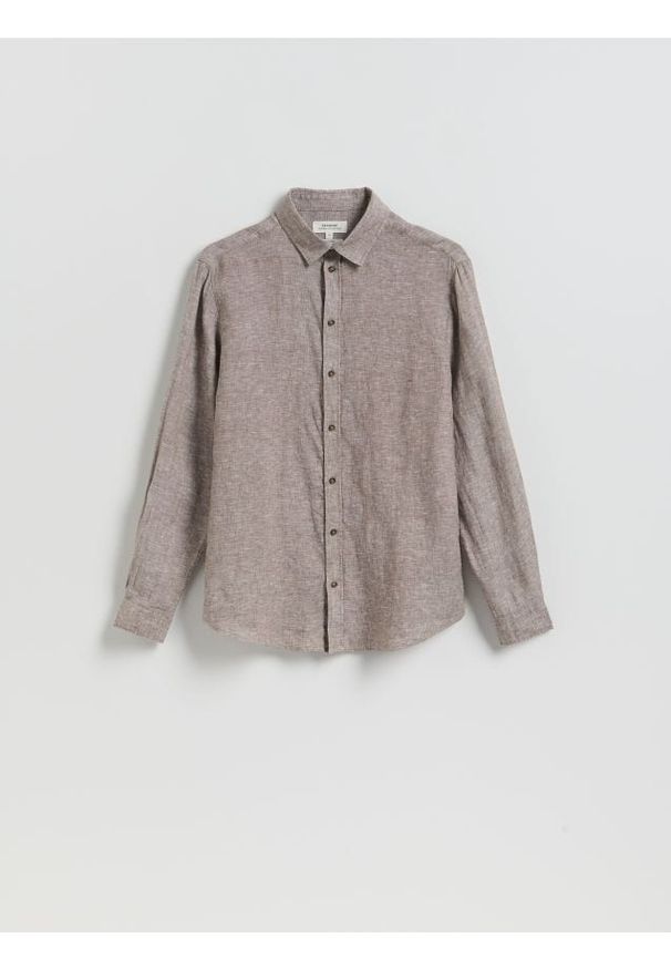 Reserved - Lniana koszula slim fit - brązowy. Kolor: brązowy. Materiał: len