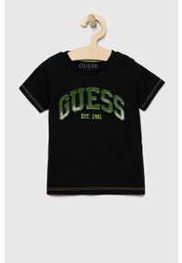 Guess t-shirt bawełniany dziecięcy kolor czarny wzorzysty. Okazja: na co dzień. Kolor: czarny. Materiał: bawełna. Wzór: haft. Styl: casual