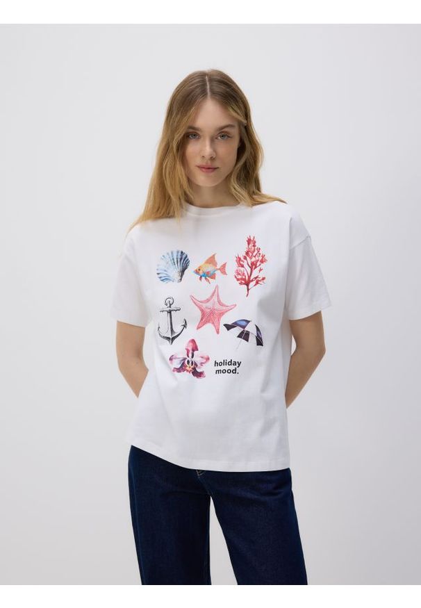 Reserved - T-shirt z nadrukiem - biały. Kolor: biały. Materiał: bawełna, dzianina. Wzór: nadruk