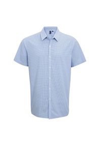 PREMIER - Męska Bawełniana Koszula Z Krótkim Rękawem W Kratkę Micro Gingham. Kolor: biały, wielokolorowy, niebieski. Materiał: bawełna. Długość rękawa: krótki rękaw. Długość: krótkie. Wzór: kratka