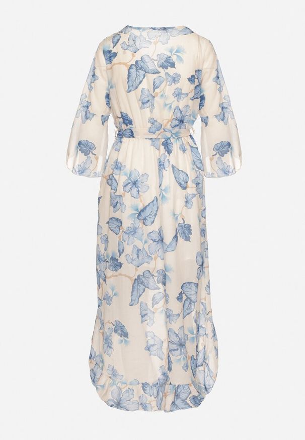 Born2be - Niebieska Bawełniana Sukienka Kopertowa o Asymetrycznym Kroju z Wiązanym Paskiem Niteira. Okazja: na randkę, na co dzień. Typ kołnierza: dekolt w kształcie V. Kolor: niebieski. Materiał: bawełna. Typ sukienki: kopertowe, asymetryczne. Styl: casual