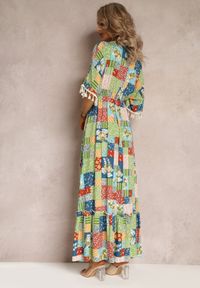 Renee - Zielona Rozkloszowana Sukienka Maxi z Falbanką w Patchworkowy Wzór Fiorella. Kolor: zielony. Materiał: bawełna, tkanina. Wzór: aplikacja. Długość: maxi #2